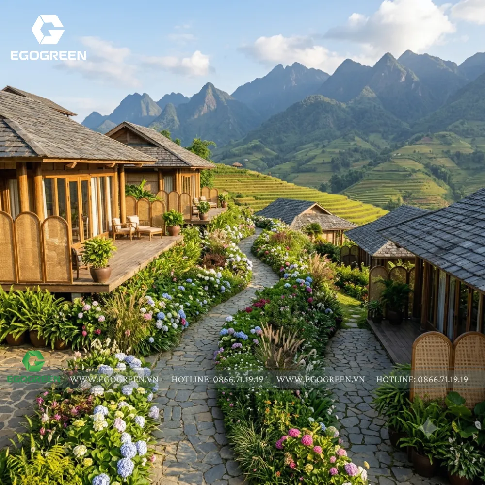 Sử dụng dải cây xanh, hàng rào hoa hay những con đường dạo lát đá hiệu quả.